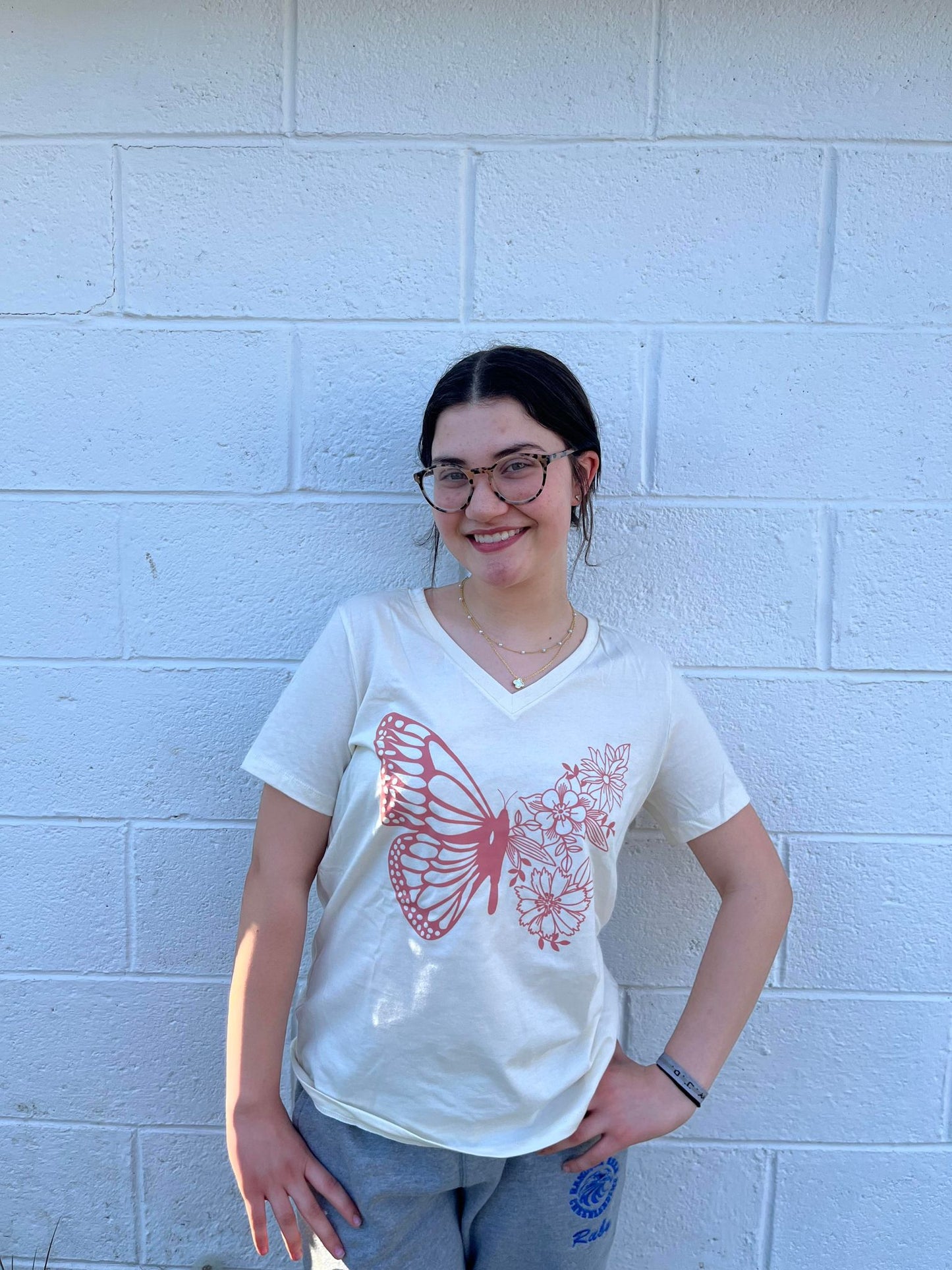 Floral Butterfly Ladies Natural Relaxed Jersvey V Neck Tee