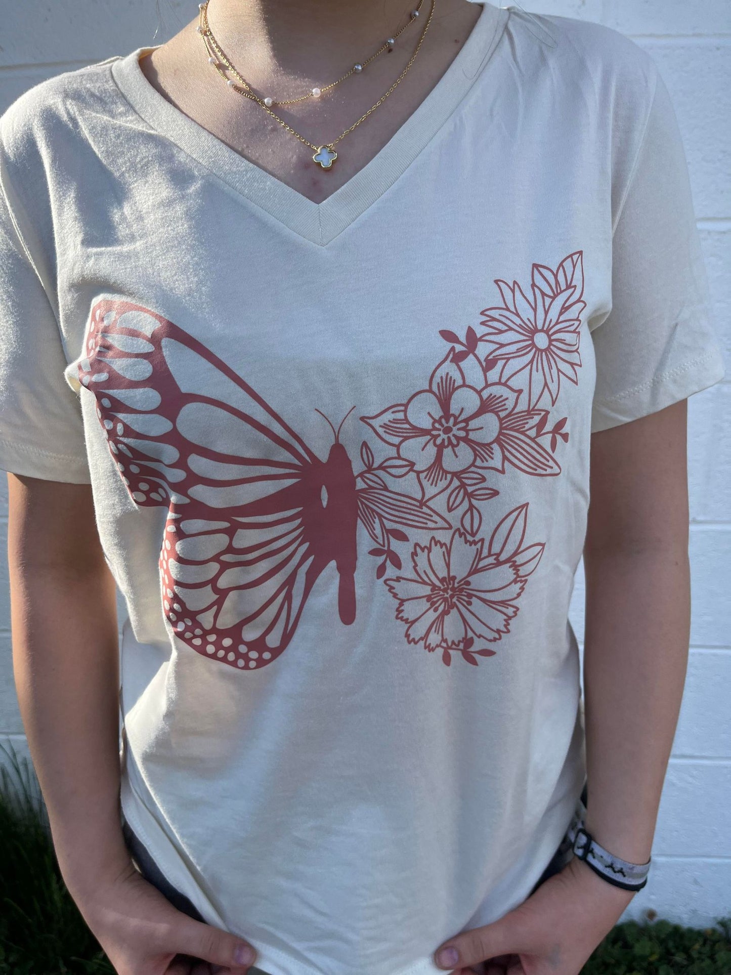 Floral Butterfly Ladies Natural Relaxed Jersvey V Neck Tee