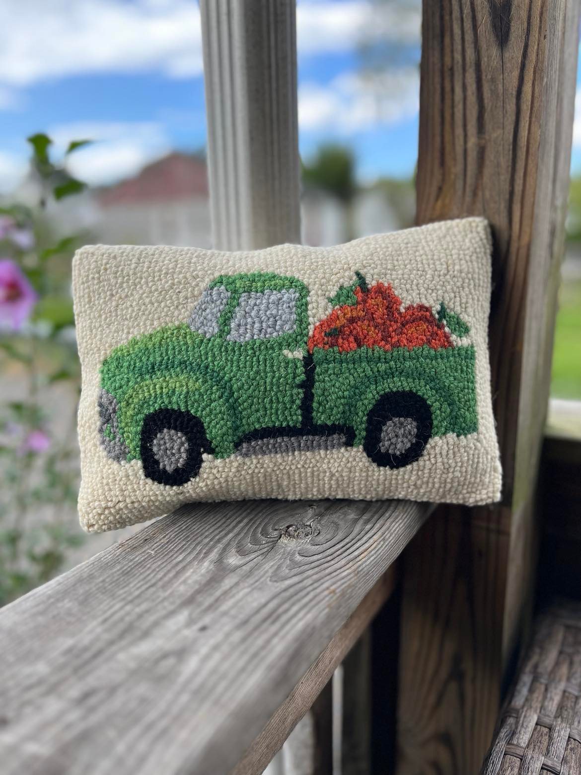 Fall Green Truck with Pumpkins Hook Pillow