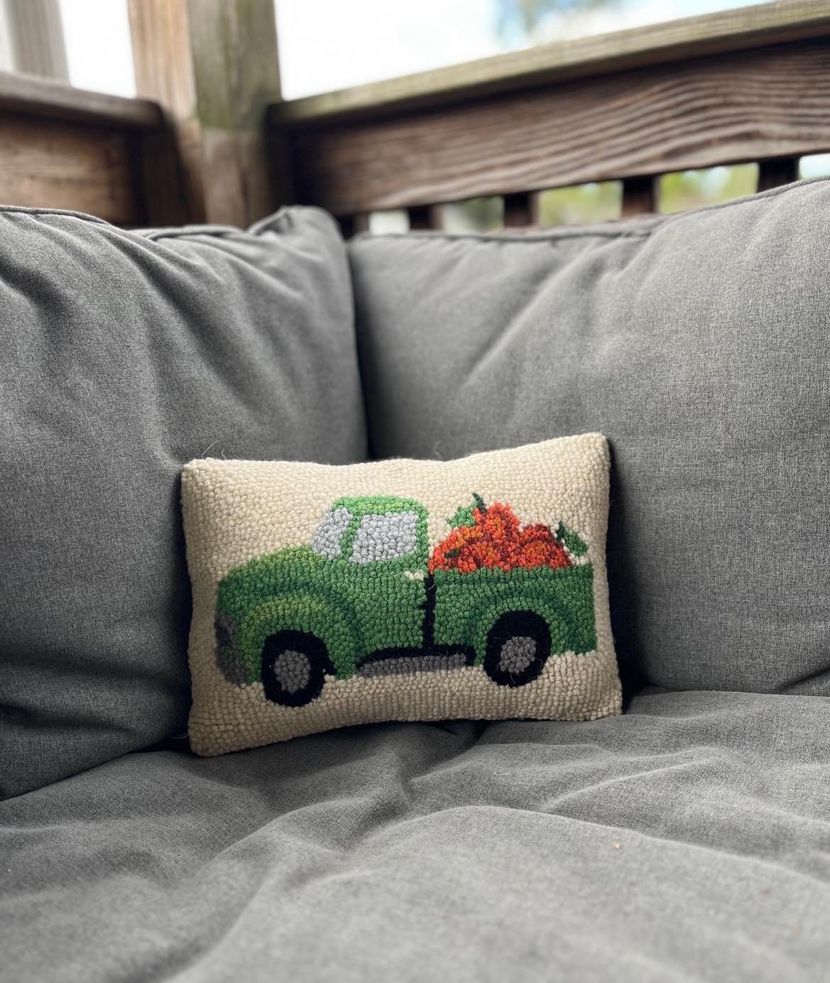 Fall Green Truck with Pumpkins Hook Pillow